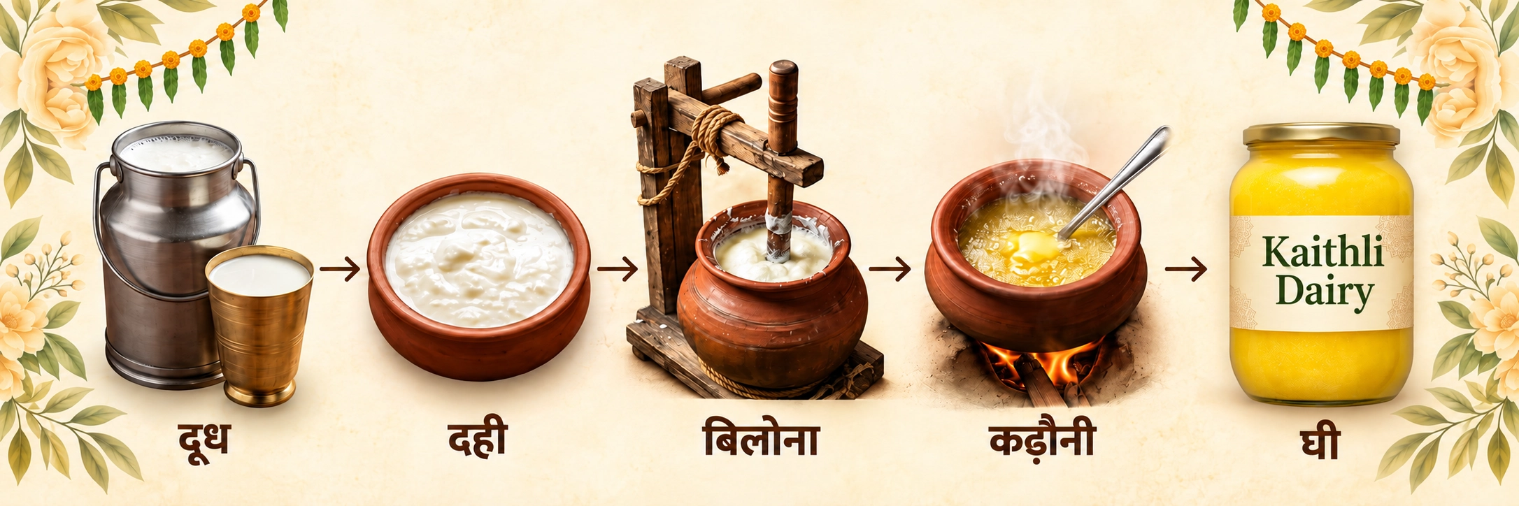 बिलोना विधि का नमूना चित्र: दूध, दही, मथना, पकाना और घी
